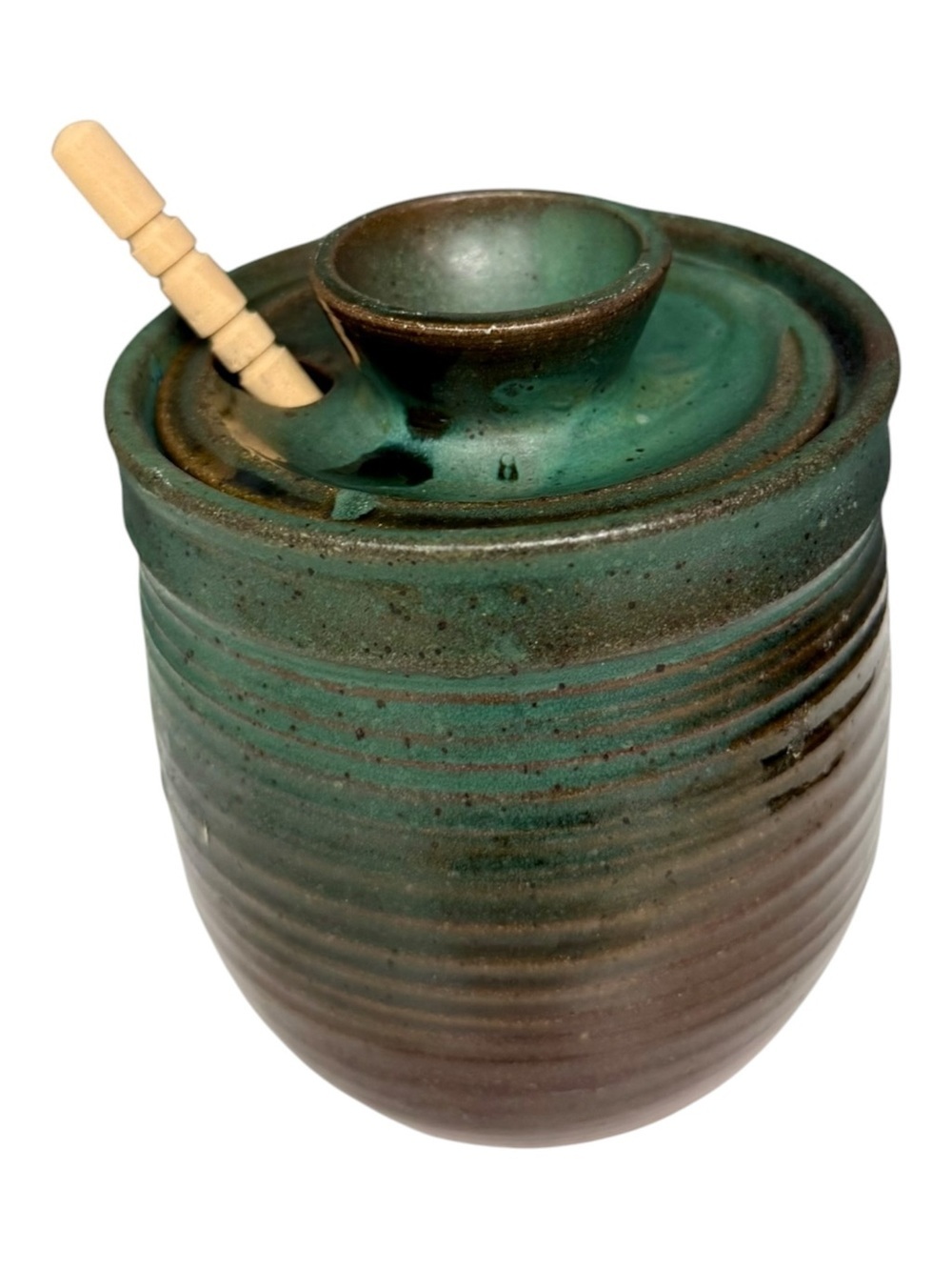 Green Ceramic Honey Jar with Wooden Dipper Shabby Chic Cottage Home Kitchen